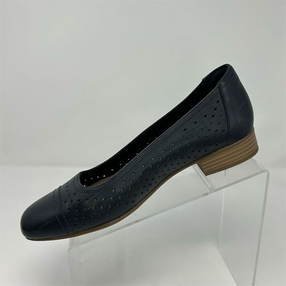 Clarks Ballet Flats Size 10 Navy Blue Perforated Leather Slip On Casual Loafers - Picture 3 of 12